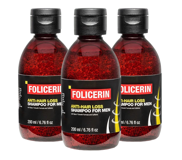 Image rapprochée de la bouteille de shampoing Folicerin anti-chute