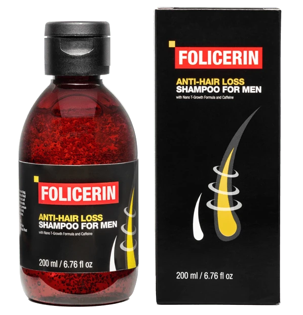 Bouteille de Folicerin, shampoing innovant anti-chute pour hommes