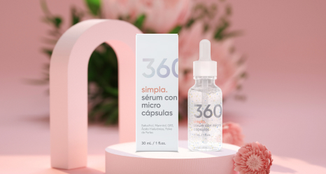 Sérum anti-âge Simpla 360 : flacon élégant avec formule unisphères pour rajeunir la peau.